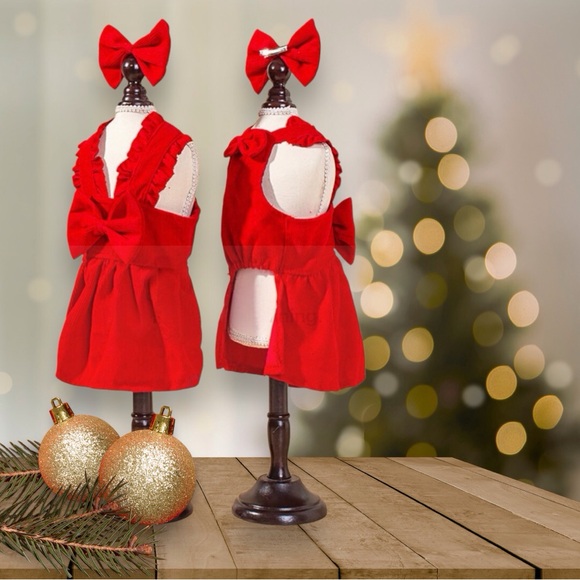 Puppy Corduroy Princess Pinafore Bow Dress with Matching Hair Bow - Picture 3 of 9